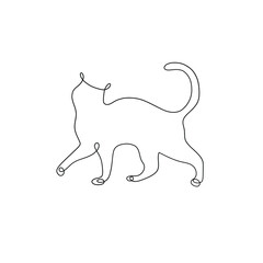 One line hand drawn playing cat. Vector minimalist illustration isolated on white background. Good for tattoo, poster or postcard. 