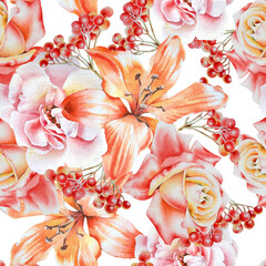 Bright seamless pattern with flowers. Rose. Lily. Watercolor illustration. Hand drawn. - 450758514