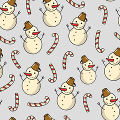 Seamless pattern with snowmen and candy canes on light grey background. Good for christmas wrapping paper, wallpaper, scrapbooking, textile prints, digital paper, etc. 