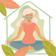 Woman in a pandemic in a protective mask meditates at home. A blonde girl in a lotus position is engaged in yoga on a background of autumn leaves. Vector composition for posters, banners, websites.