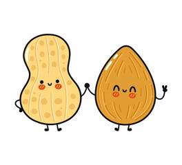Cute, funny happy peanut and almond character.  Vector hand drawn cartoon kawaii characters, illustration icon. Funny cartoon peanut and almond friends concept