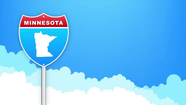Minnesota map on road sign. Welcome to State of Louisiana. Motion graphics.