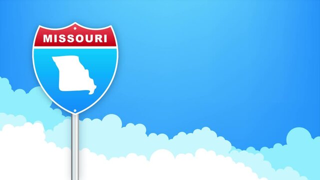 Missouri map on road sign. Welcome to State of Louisiana. Motion graphics.