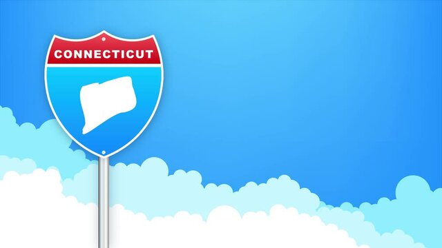 Connecticut map on road sign. Welcome to State of Connecticut . Motion graphics.