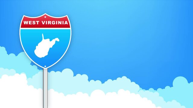 West Virginia map on road sign. Welcome to State of Louisiana. Motion graphics.