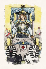 Fototapeta na wymiar Painting Of The Chariot Tarot Card In Watercolor Style | The 7th Major Arcana Card Representing Control, Willpower, Success, Action, and Determination | Brave Man Riding A Car Led By Two Sphinxes