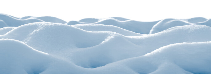 White clean snow texture. Snowdrift isolated on white background. Banner format.