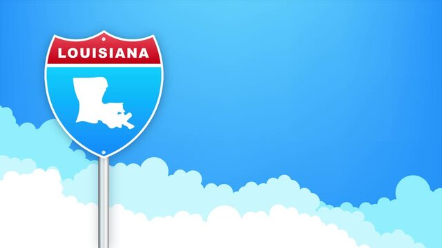 Louisiana map on road sign. Welcome to State of Louisiana. Motion graphics.