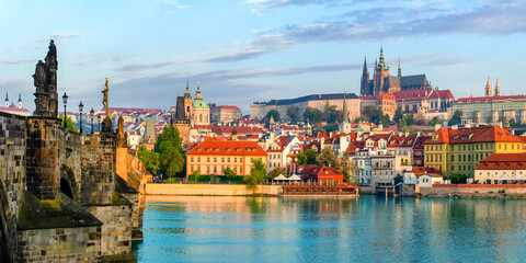 Fototapeta na wymiar Prague panorama with Charles Bridge and Prague Castle at background, Czech Republic
