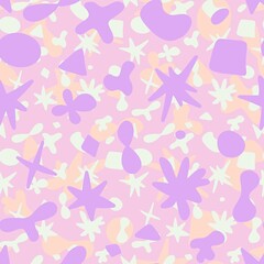 Abstract seamless pattern. Pastel biomorphic elements on a pink background. Stars, circles, drops, lines, spots, bubbles.