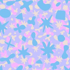 Abstract seamless pattern. Blue, pink, yellow, purple biomorphic elements on a lilac background. Stars, circles, drops, lines, spots, bubbles.