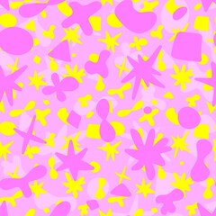 Abstract seamless pattern. Yellow, pink biomorphic elements on a white background. Stars, circles, drops, lines, spots, bubbles.
