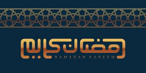 Ramadan Greetings card with gold Kufic modern calligraphy on dark blue background. Ramadan Kareem means Blessed Ramadan. Vector illustration.
