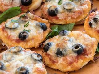 Pizzettas on Wooden Tray, Closeup