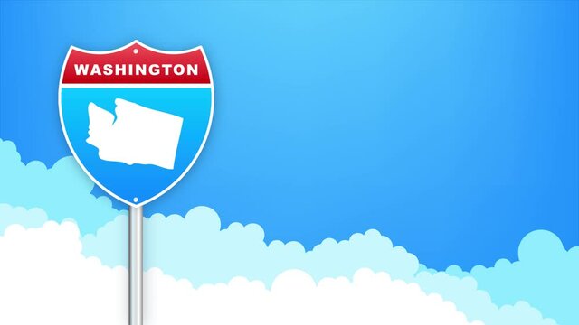 Washington map on road sign. Welcome to State of Washington . Motion graphics.