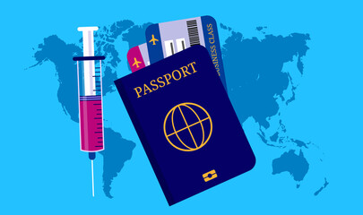 Vaccine and world travel concept. Passport, plane tickets and syringe with world map in background. Vector illustration