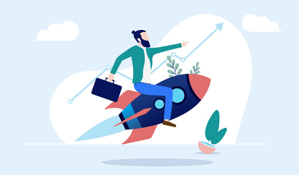Business growth illustration with casual businessman flying on rocket and rising arrow in background. Business success and progress concept. Vector