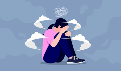 Female depression - Teen girl having anxiety attack and being depressed. Mental health problems concept. Vector illustration. - obrazy, fototapety, plakaty