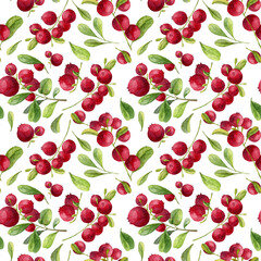 Watercolor Seamless Pattern with red Berry and green leaves. Hand drawn illustration on white background with Cranberry for wrapping paper, background or textile design