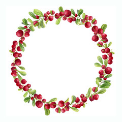 Obraz premium Watercolor hand painted Wreath with red Berry and green Leaves. Frame with Cranberry branches. Autumn Background on white isolated background