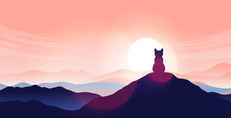 Cat on hilltop sitting alone watching the landscape and sunrise. Calm and peaceful concept. Vector illustration