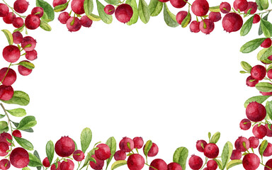 Watercolor Frame with red Berry branches and green leaves. Hand drawn background for invitations or banner. Illustration on white background