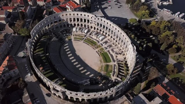 Flight over of Pula Arena, Croatia.