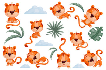Obraz premium Set of cute cartoon tiger cubs symbol 2022 vector graphic