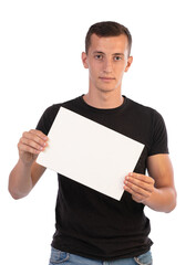 Young man holding a sign to write