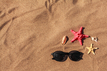 Fototapeta na wymiar Summer or holiday beach vacation background, traveling to the ocean during covid. Sea accessories on sand, starfish, seashells and sun glasses. Flat lay with copy space or place for text