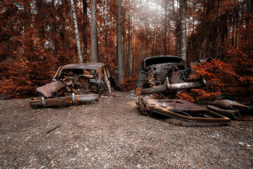 Fototapeta na wymiar Old vintage abandoned rusty cars deep in a autumnal forest.