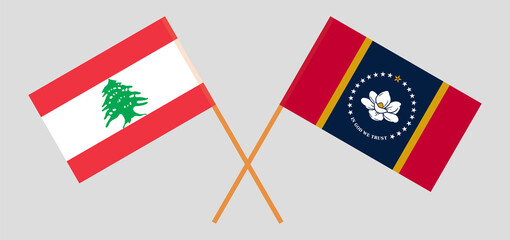 Crossed flags of the Lebanon and the State of Mississippi. Official colors. Correct proportion