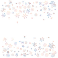 Gold Christmas snowflakes background. Winter golden snow minimal frame decoration on white, greeting card. New Year Holidays subtle backdrop. Noel Vector illustration