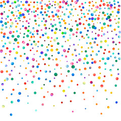 Fototapeta na wymiar Watercolor confetti on white background. Adorable rainbow colored dots. Happy celebration square colorful bright card. Brilliant hand painted confetti.