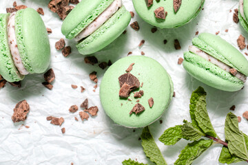 Homemade mint chocolate chip macarons with a mint buttercream filling © Nicole Cook
