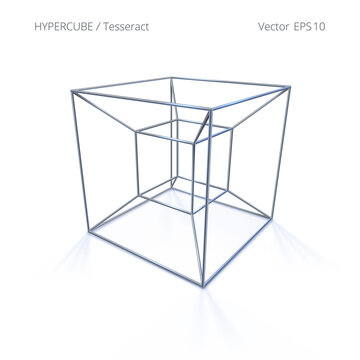 3D hypercube. Vector hollow tesseract. Realistic 3d render of complex cube. Thin metal wireframe. Isolated 4 dimensional object. Perspective view.