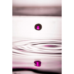 Gota de liquido cor de rosa caindo sobre espelho á água. 
