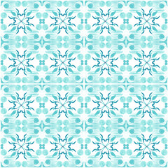 Azulejo watercolor seamless pattern. Traditional Portuguese ceramic tiles. Hand drawn abstract background. Watercolor artwork for textile, wallpaper, print, swimwear design. Blue azulejo pattern.