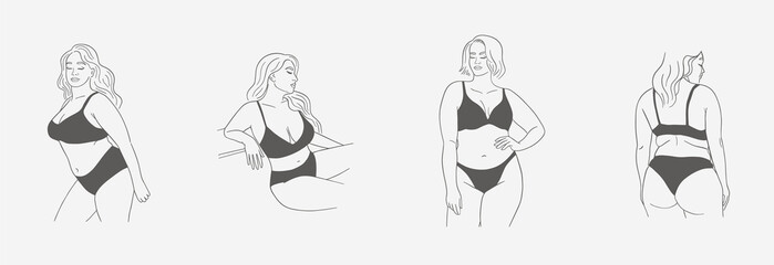 Set of posters with minimalistic female figures. Linear female plus size bodies in lingerie or swimsuit. Modern line art style. Vector illustration. 