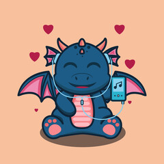 vector illustration of cute baby dragon 
while listening to music,  good for t-shirt, greeting card, invitation card or mascot