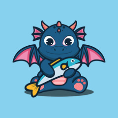 vector illustration of cute baby dragon 
bring fish,  good for t-shirt, greeting card, invitation card or mascot