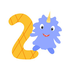 Monster blue cute funny kind with horn and festive congratulatory number two isolated on white background. Design element for a childrens book or postcard. Vector illustration