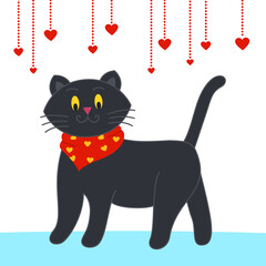 Cat in a funny fashionable cute yellow scarf stands on four paws, and festive garlands in the shape of hearts hang from above. Congratulatory greeting card Happy Valentines Day. Vector illustration