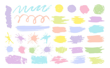 Brush stroke set, grunge spots, splashes with drops, curls, stripes, brush strokes, blots and smears soft pastel colors. Square, round, uneven abstract shapes, vector. Paintbrush design elements