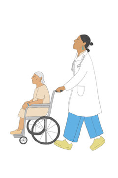 Doctor pushing patient in wheelchair