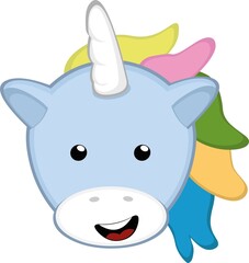 Vector emoticon illustration of the face of a cartoon kawaii unicorn