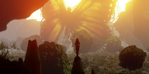 Futuristic science fiction illustration. Digital art. Fantasy scenery. Bright evening light. © Jakub