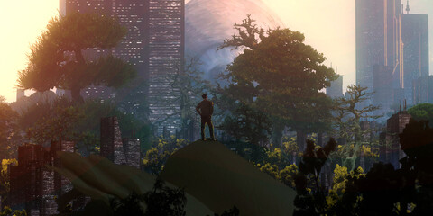 Futuristic science fiction illustration. Digital art. Fantasy scenery. Bright evening light. © Jakub