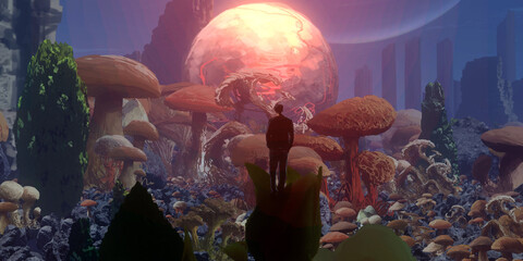 Futuristic science fiction illustration. Digital art. Fantasy scenery. Bright evening light. © Jakub