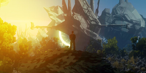 Futuristic science fiction panorama. Digital art. Fantasy scenery.